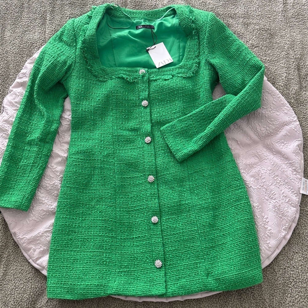 Zara Tweed Boucle squared neck long sleeves Jewel Buttons Green Dress Sz Large - Picture 14 of 15
